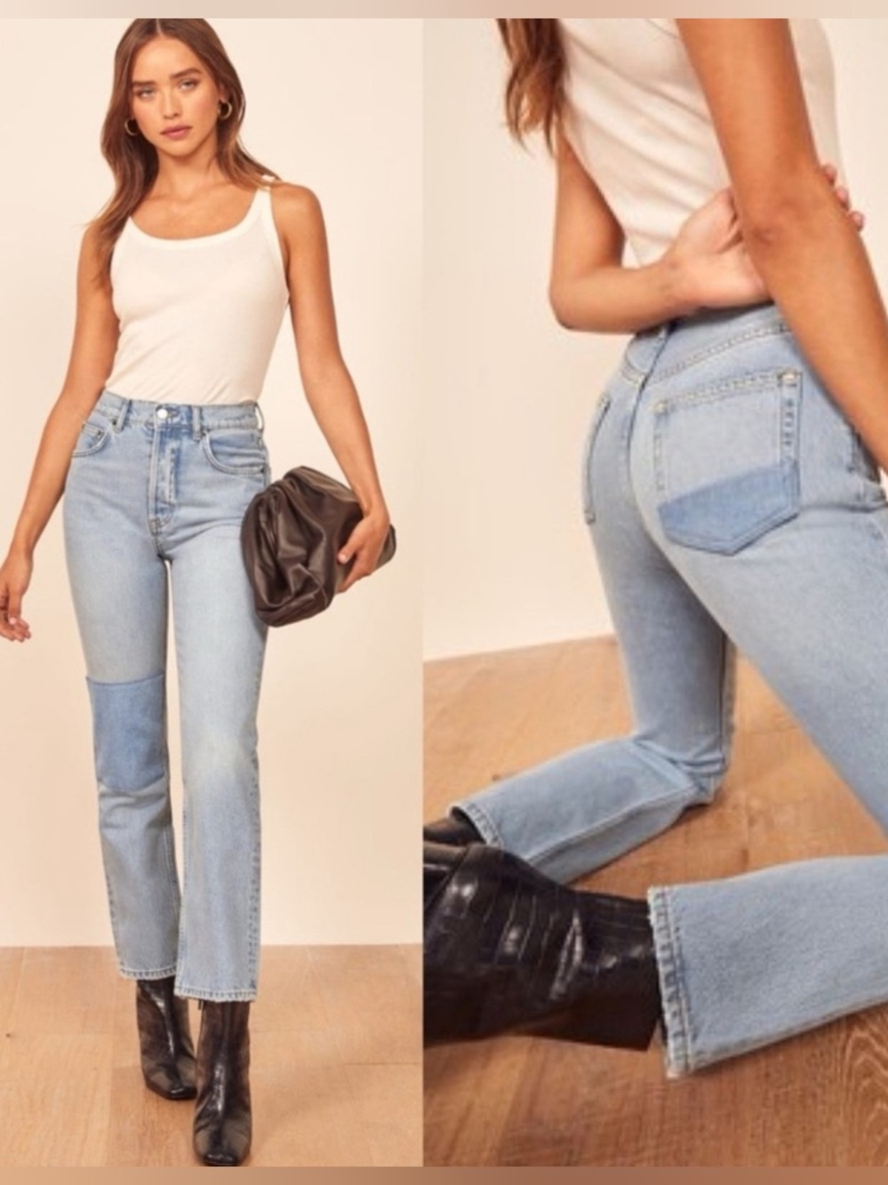 Reformation Jeans High Rise Patchwork Straight Leg Light Wash Size 24